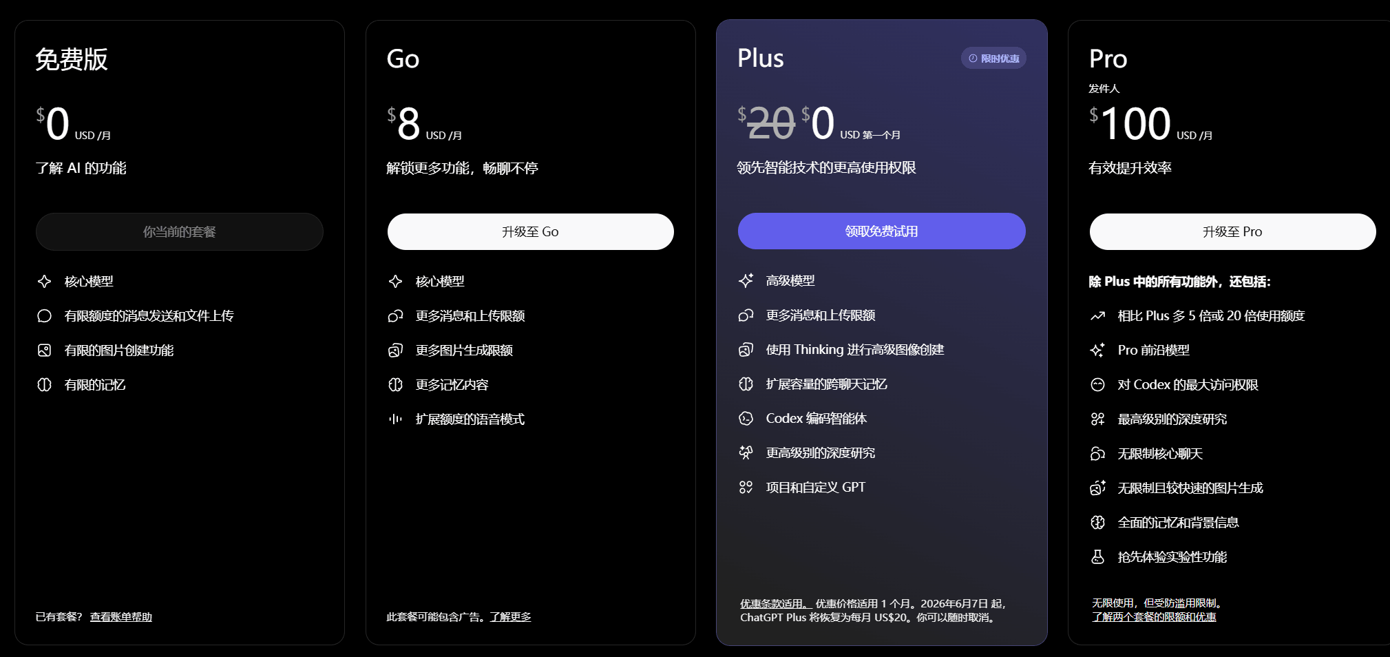 ChatGPT 定价详情截图 1